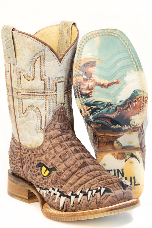 Kid's Tin Haul Al O' Gator Boots With Let's Ride Sole Handcrafted Brown