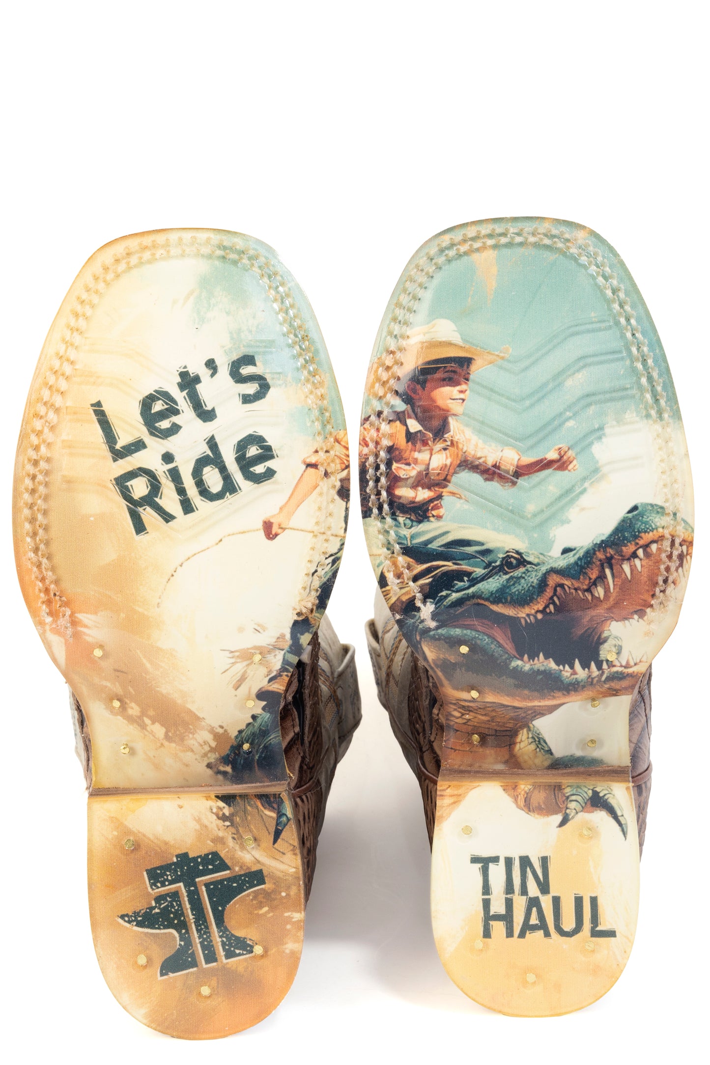 Kid's Tin Haul Al O' Gator Boots With Let's Ride Sole Handcrafted Brown