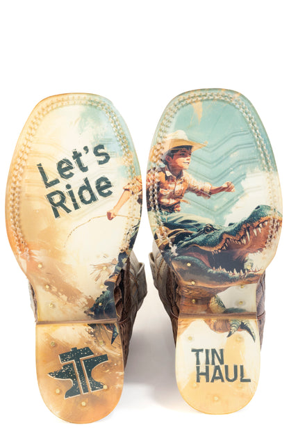 Kid's Tin Haul Al O' Gator Boots With Let's Ride Sole Handcrafted Brown