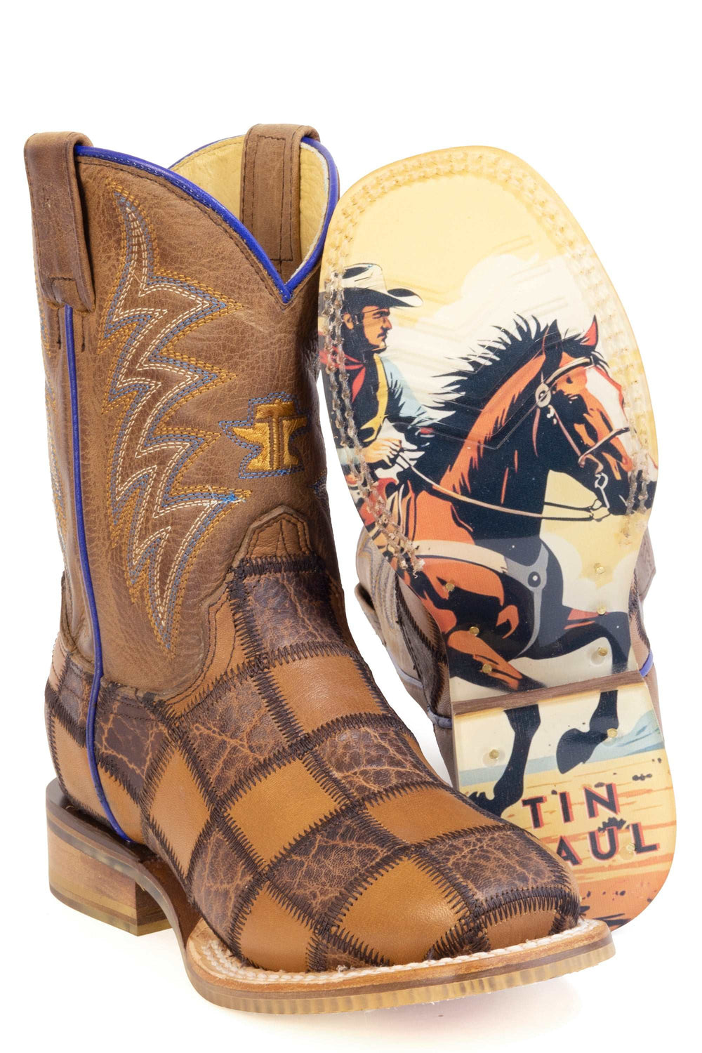 Kid's Tin Haul Checkmate Boots With Ride Fast Sole Handcrafted Brown