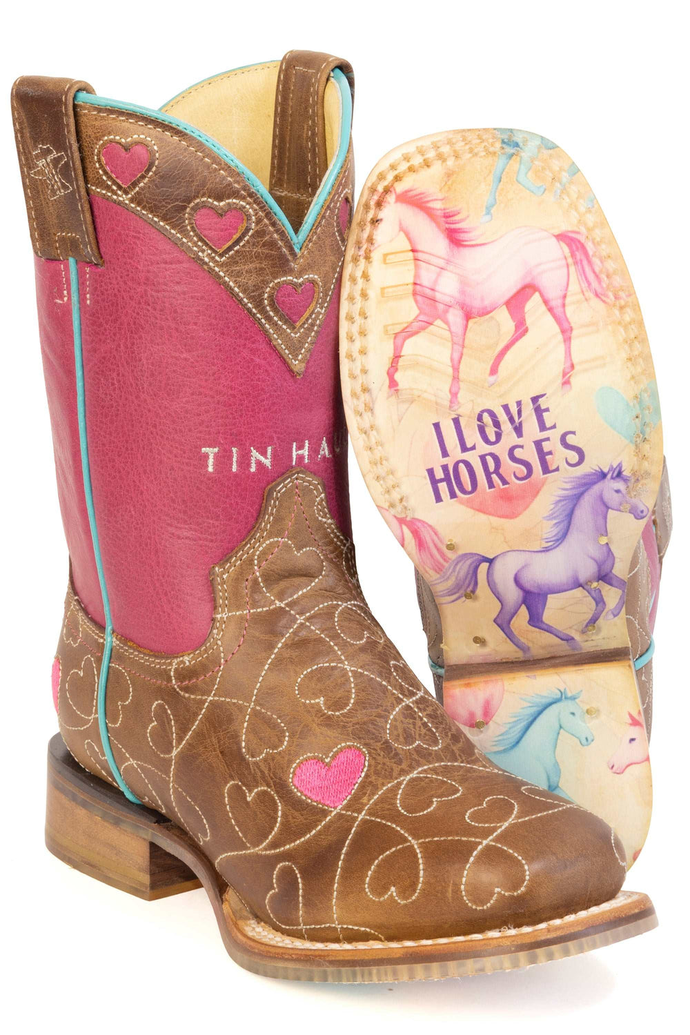 Kid's Tin Haul Sweetheart Boots With I Love Horses Sole Handcrafted Brown