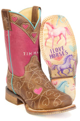 Kid's Tin Haul Sweetheart Boots With I Love Horses Sole Handcrafted Brown