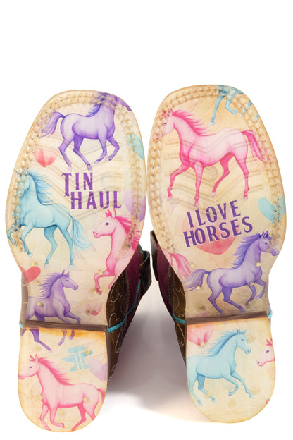 Kid's Tin Haul Sweetheart Boots With I Love Horses Sole Handcrafted Brown