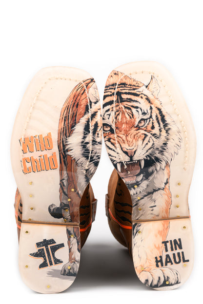 Kid's Tin Haul Wild Tiger Boots With Wild Child Sole Handcrafted Brown