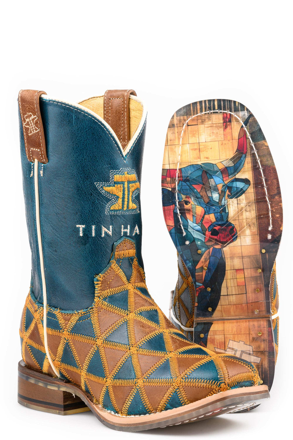 Kid's Tin Haul Tri-Fecta Boots With Crystal Steer Sole Handcrafted Multi