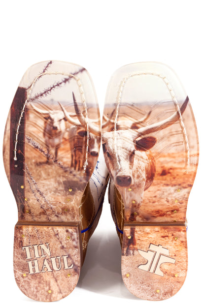 Kid's Tin Haul Rustler Proof Boots With Steer Clear Sole Handcrafted Brown