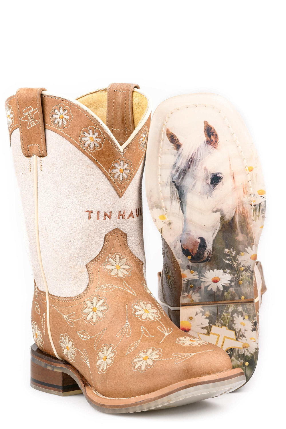 Kid's Tin Haul Daisy Dots Boots With Meadow Mare Sole Handcrafted Tan