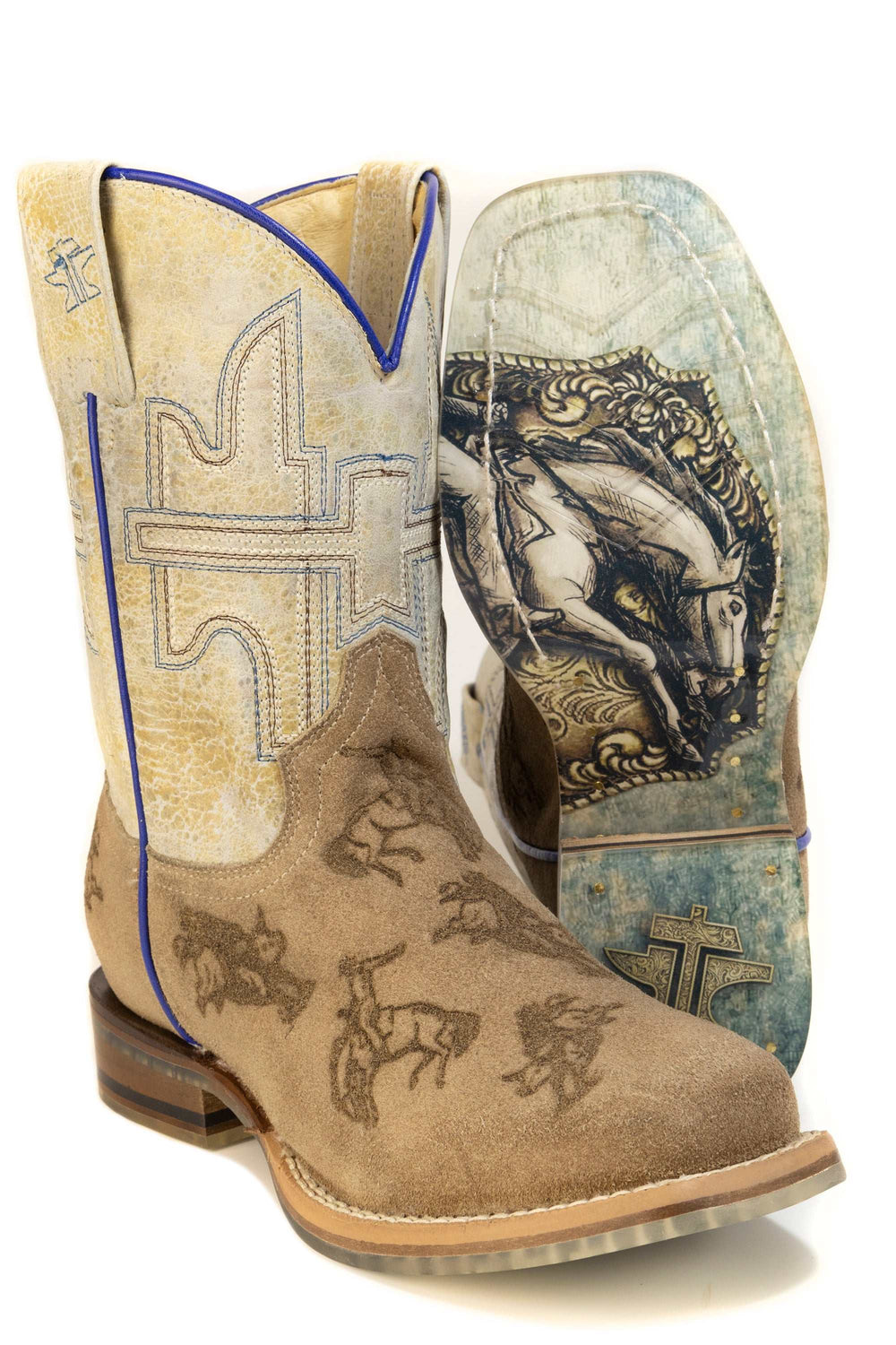 Kid's Tin Haul Ranch Rodeo Boots With Gold Buckle Sole Handmade Brown