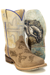 Kid's Tin Haul Ranch Rodeo Boots With Gold Buckle Sole Handmade Brown
