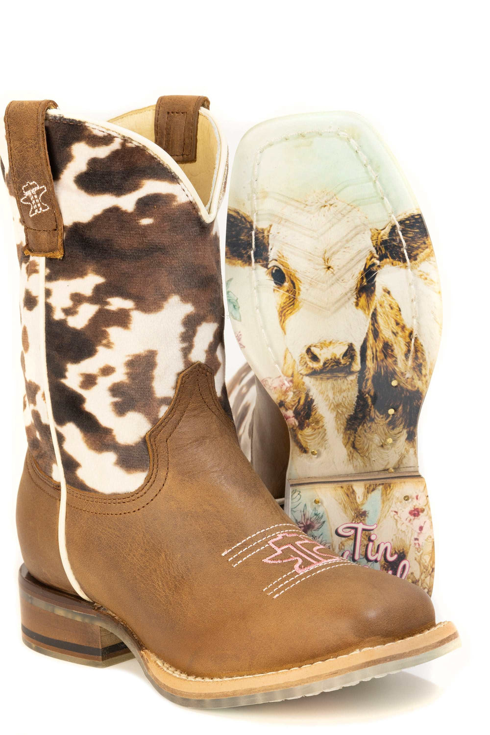 Kid's Tin Haul Spotted Cutie Calf Boots With New Cowgirl In Town Sole Handmade Brown