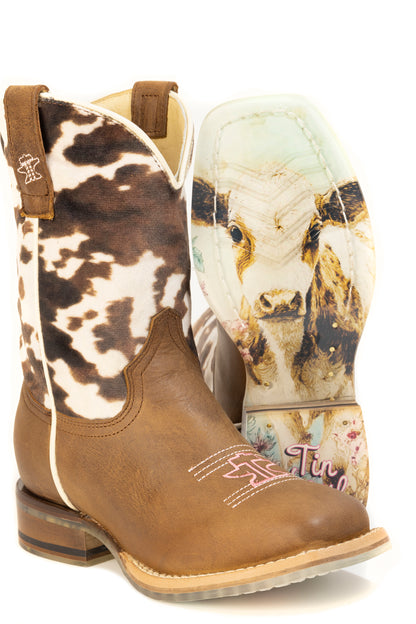 Kid's Tin Haul Spotted Cutie Calf Boots With New Cowgirl In Town Sole Handmade Brown