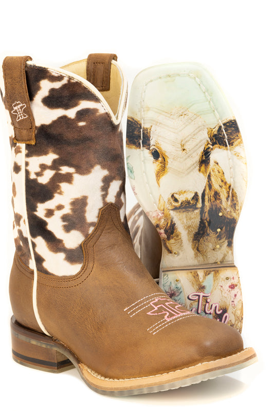 Kid's Tin Haul Spotted Cutie Calf Boots With New Cowgirl In Town Sole Handmade Brown