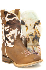 Kid's Tin Haul Spotted Cutie Calf Boots With New Cowgirl In Town Sole Handmade Brown