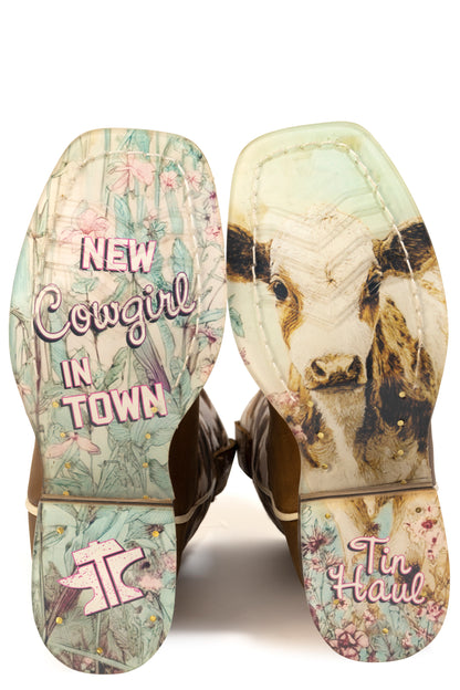 Kid's Tin Haul Spotted Cutie Calf Boots With New Cowgirl In Town Sole Handmade Brown
