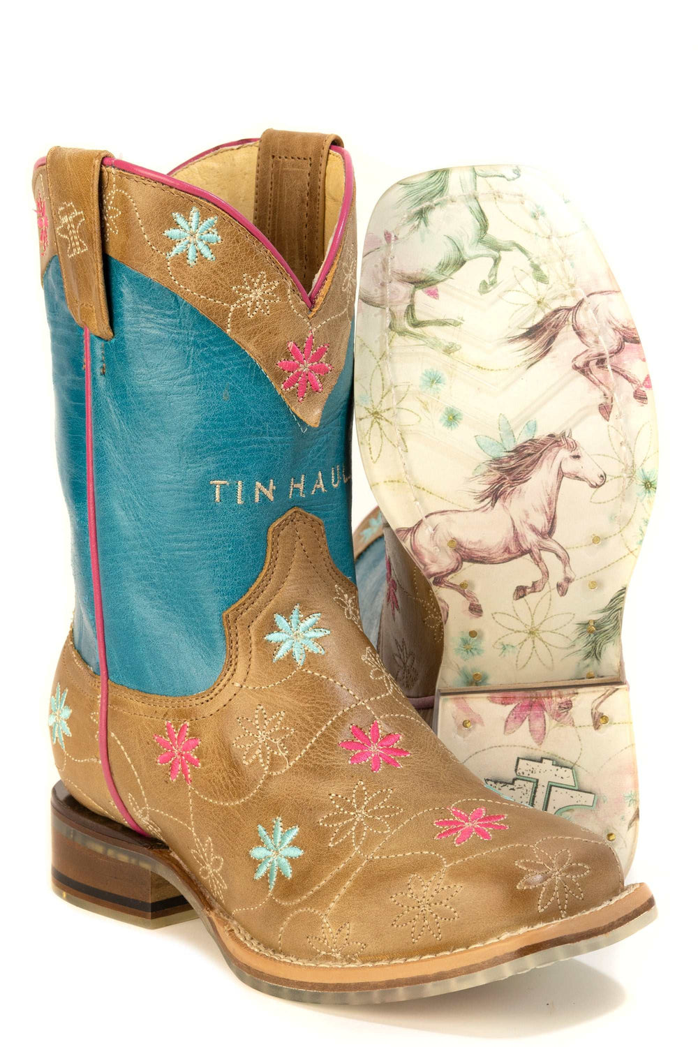 Kid's Tin Haul Wild Flower Bloom Boots With Running Horses Sole Handcrafted Brown