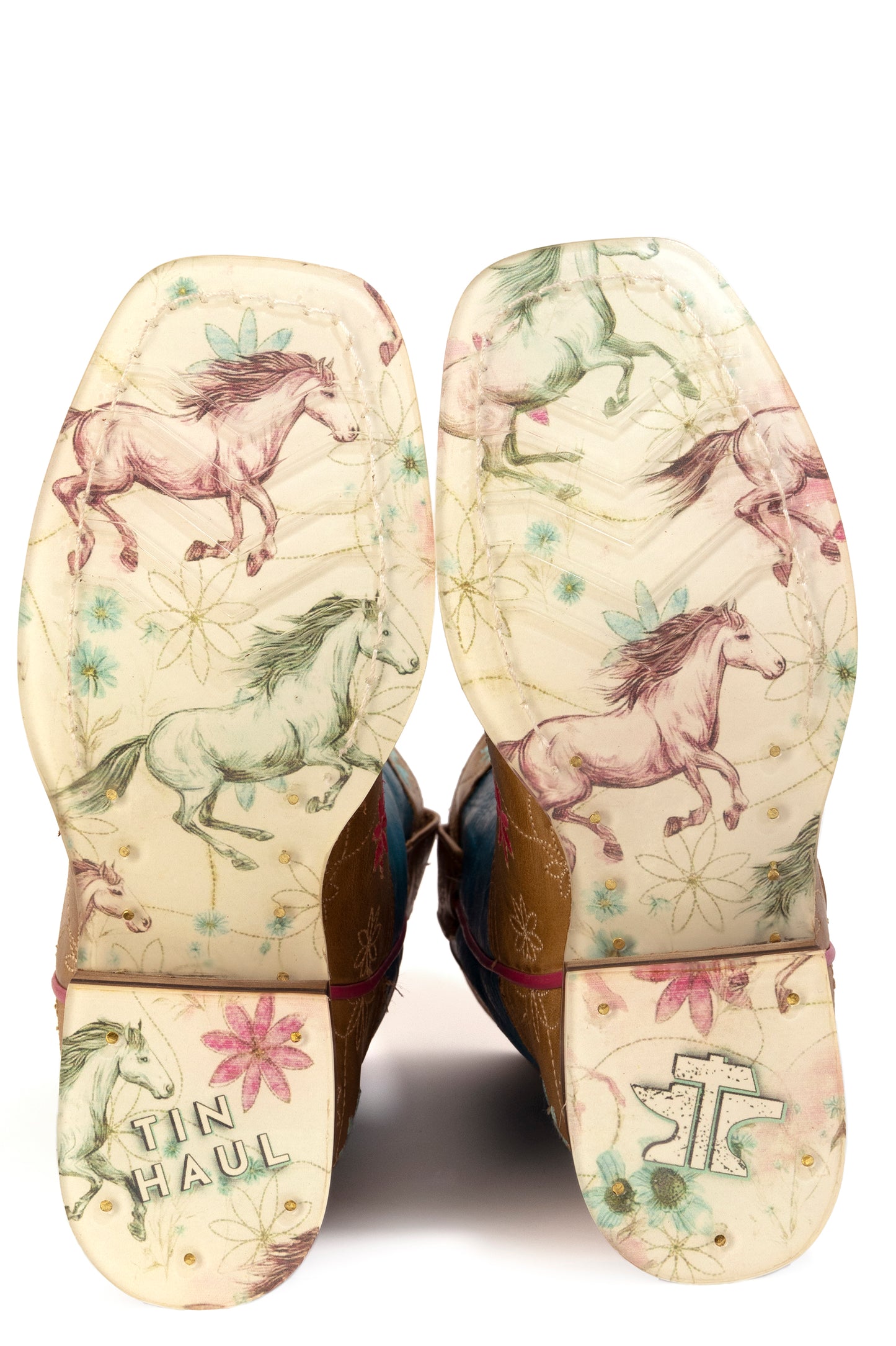 Kid's Tin Haul Wild Flower Bloom Boots With Running Horses Sole Handcrafted Brown