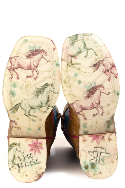 Kid's Tin Haul Wild Flower Bloom Boots With Running Horses Sole Handcrafted Brown