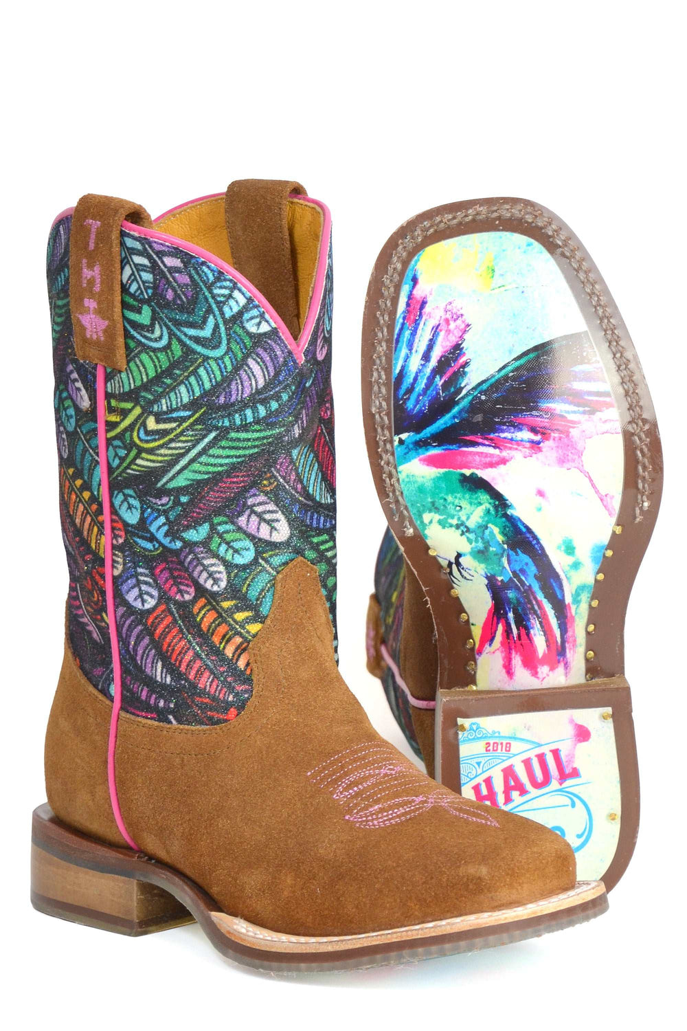 Kid's Tin Haul Feathers Boots With Hummingbird Sole Handcrafted Brown