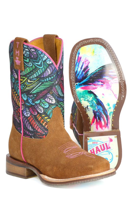 Kid's Tin Haul Feathers Boots With Hummingbird Sole Handcrafted Brown