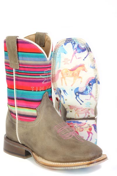 Botas de sarape Happy de Tin Haul para niños con suela de caballos de colores, hechas a mano en color canela