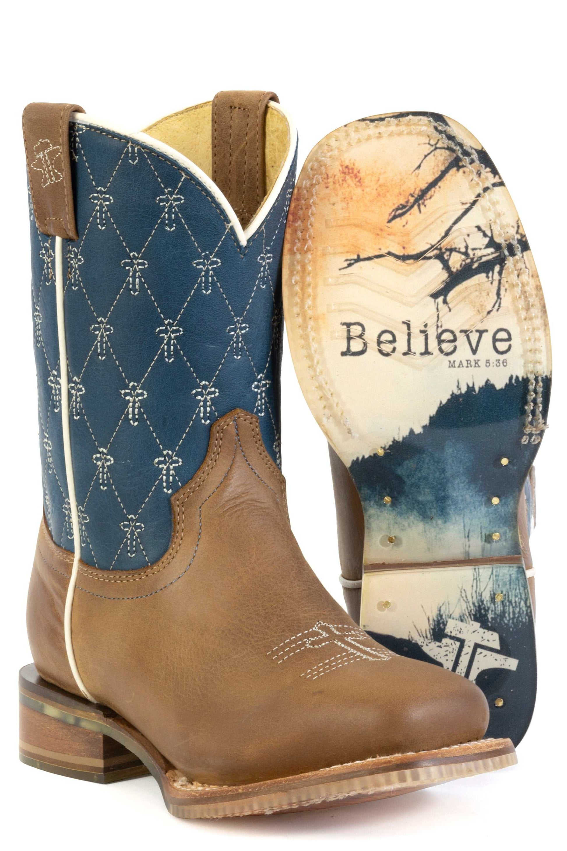 Kid's Tin Haul Criss Cross Cross brown leather boots with embroidered blue shaft and Just Believe sole