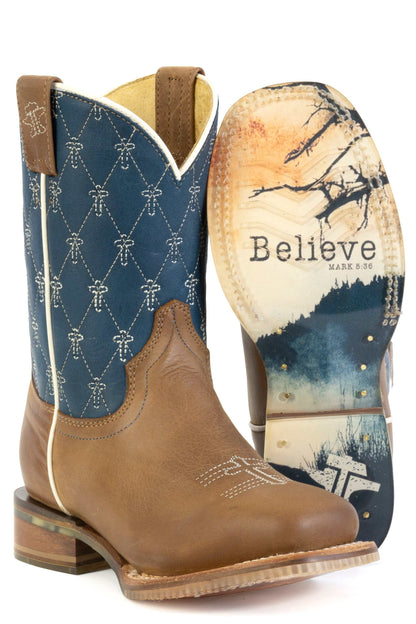 Kid's Tin Haul Criss Cross Cross brown leather boots with embroidered blue shaft and Just Believe sole