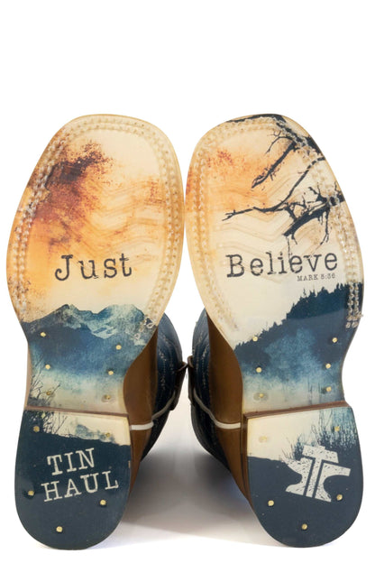 Kid's Tin Haul Criss Cross Cross Boots With Just Believe Sole Handcrafted Brown