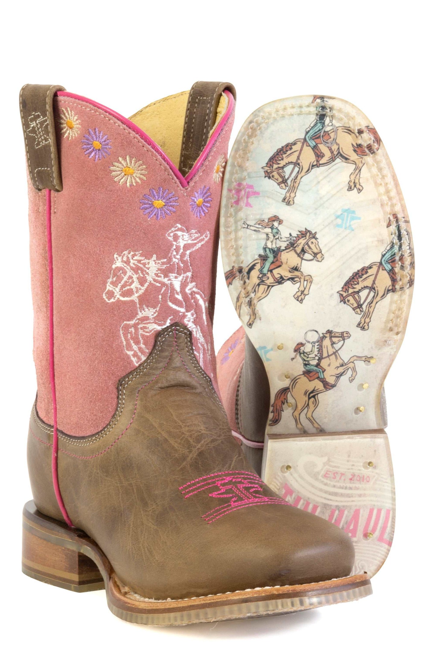 Kid's Tin Haul Girl Power Boots handcrafted brown leather with pink embroidered horse rider design and square toe