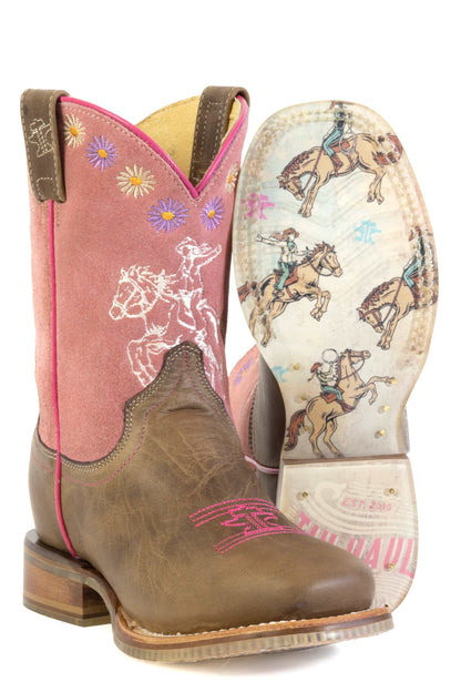 Kid's Tin Haul Girl Power Boots handcrafted brown leather with pink embroidered horse rider design and square toe