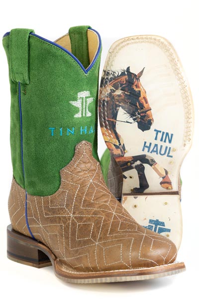 Botas Tin Haul Gridlock para niños con suela vaquera Ride 'Em, hechas a mano en color tostado