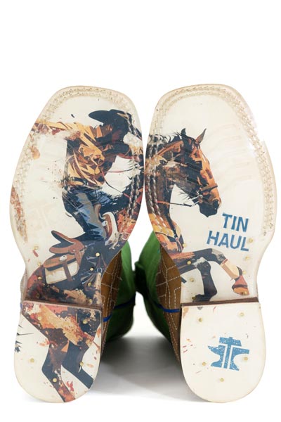 Botas Tin Haul Gridlock para niños con suela vaquera Ride 'Em, hechas a mano en color tostado