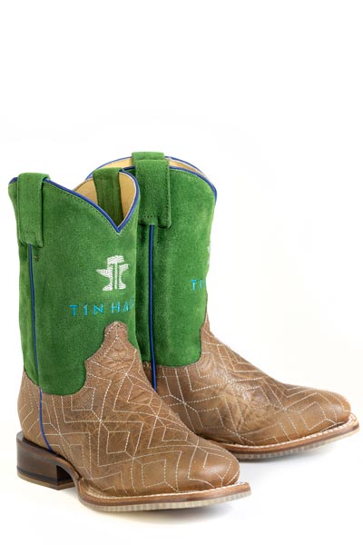 Botas Tin Haul Gridlock para niños con suela vaquera Ride 'Em, hechas a mano en color tostado