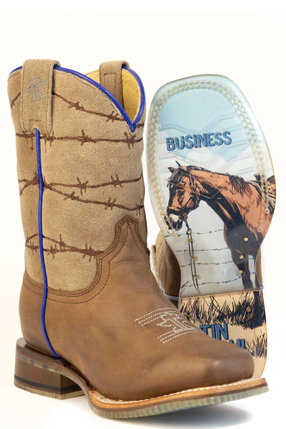 Kid's Tin Haul Razor Sharp Boots With Mending My Own Business Sole Handmade Tan