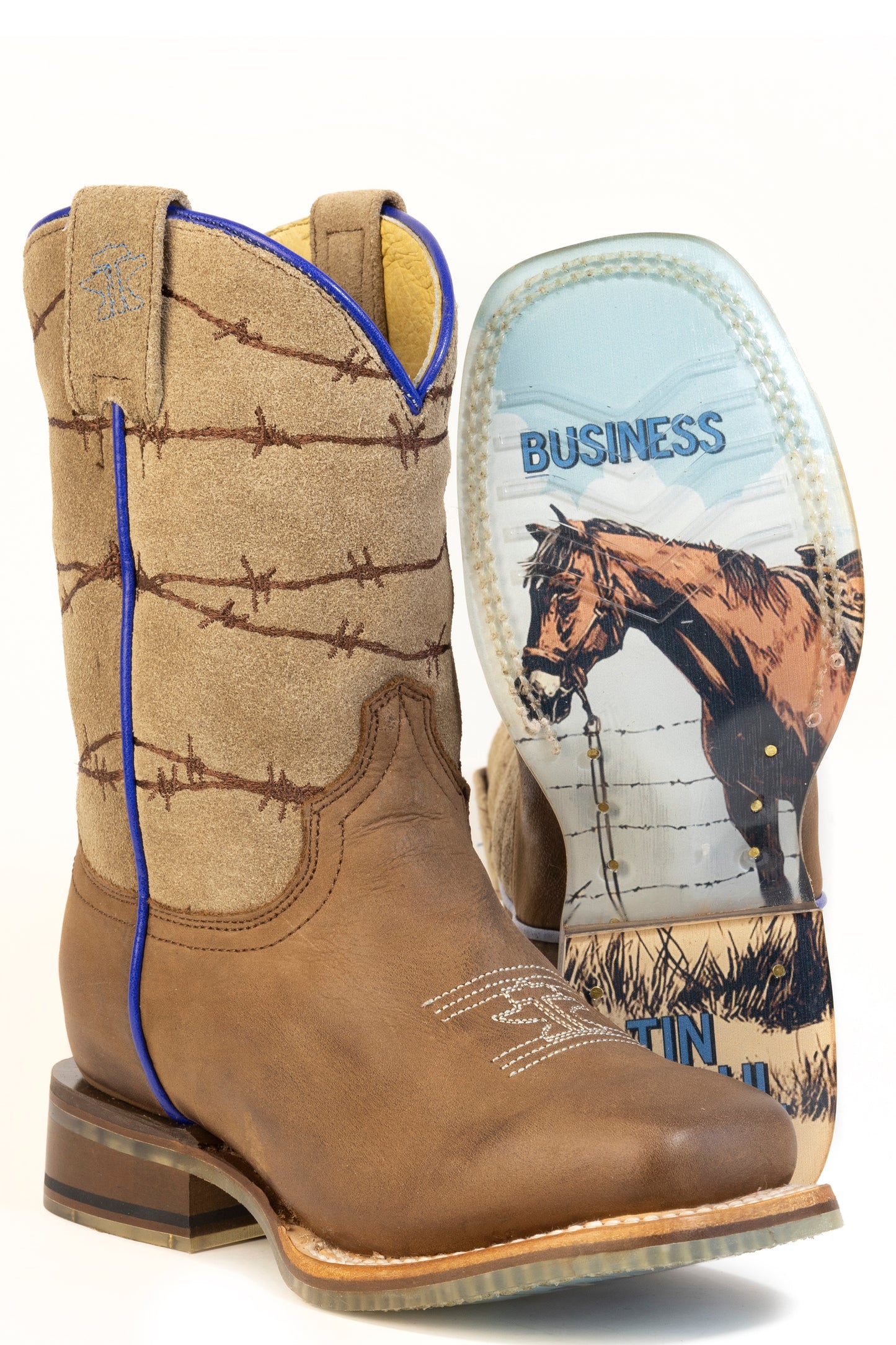 Kid's Tin Haul Razor Sharp Boots With Mending My Own Business Sole Handmade Tan