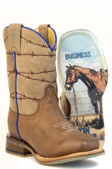 Kid's Tin Haul Razor Sharp Boots With Mending My Own Business Sole Handmade Tan