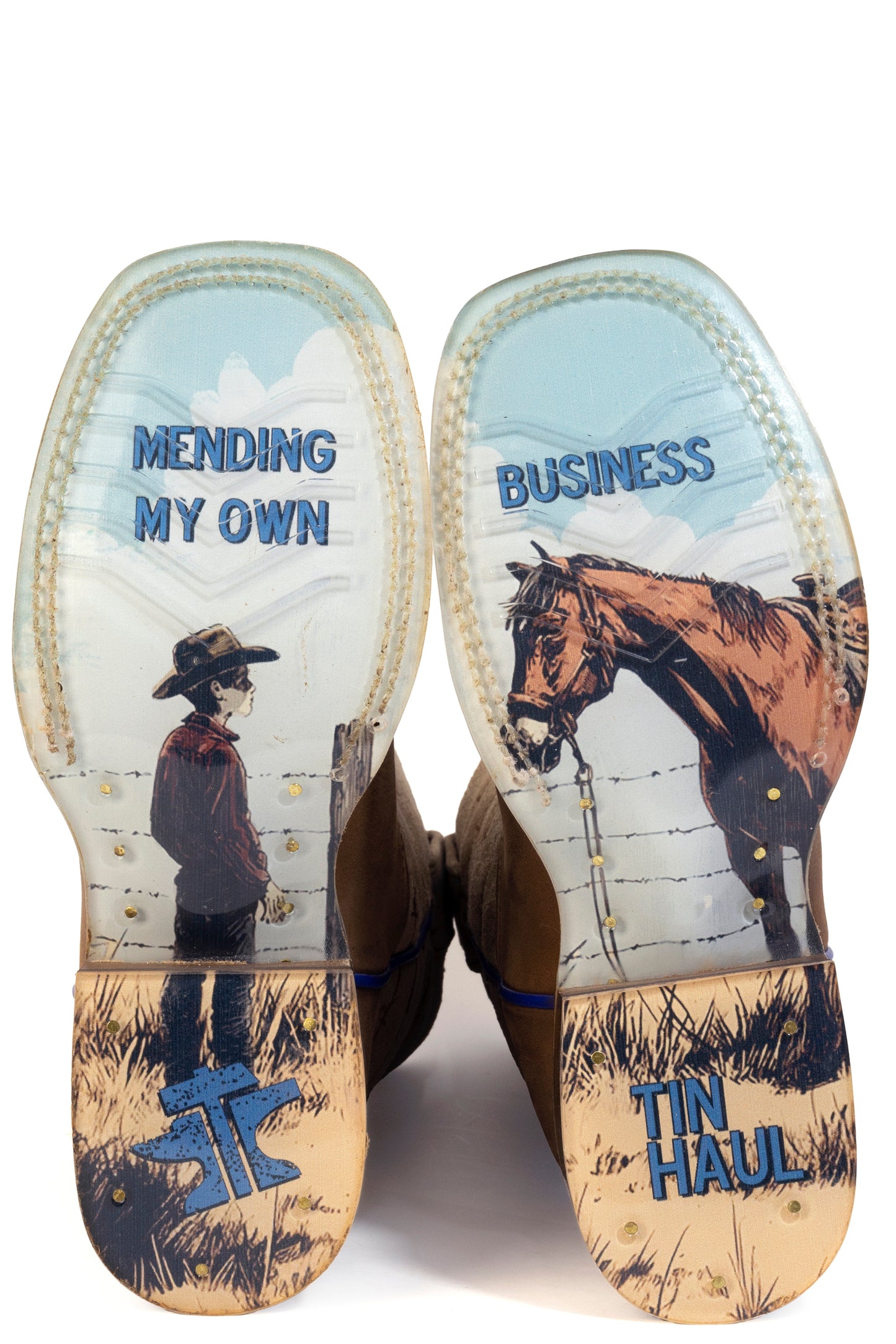 Kid's Tin Haul Razor Sharp Boots With Mending My Own Business Sole Handmade Tan