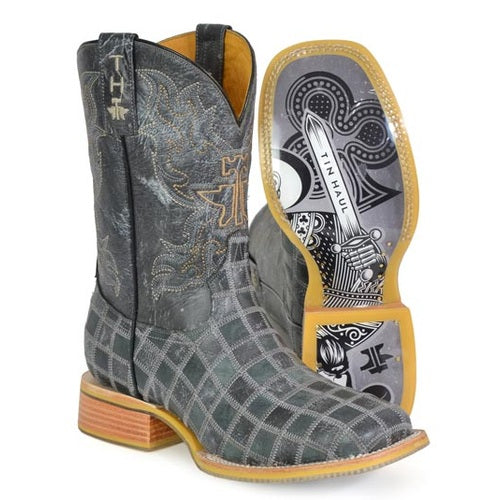 Botas Tin Haul King of Clubs para hombre con suela de cartón vaquera, hechas a mano en negro y gris