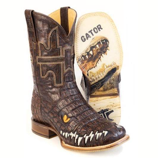 Men's Tin Haul Al O'Gator PRINT Boots with Don'T Cross A Gator Sole Handcrafted Square Toe Brown
