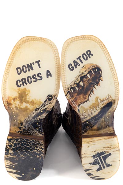 Men's Tin Haul Al O'Gator PRINT Boots with Don'T Cross A Gator Sole Handcrafted Square Toe Brown