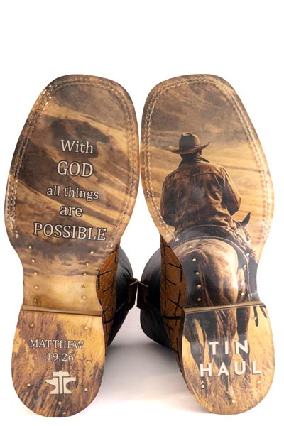Men's Tin Haul Iron Faith Boots with Matthew 19:26 Sole Handcrafted Square Toe Tan