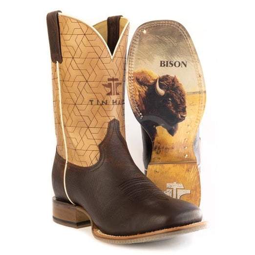 Men's Tin Haul Gridlock Bison Boots withAmerican Bison Sole Handcrafted Square Toe Brown