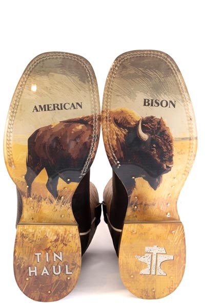 Men's Tin Haul Gridlock Bison Boots withAmerican Bison Sole Handcrafted Square Toe Brown