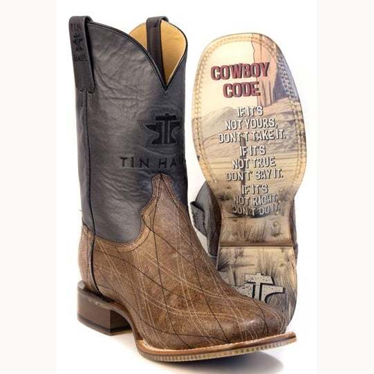 Men's Tin Haul Criss-Crossed Boots with Cowboy Code Sole Handcrafted Square Toe Brown
