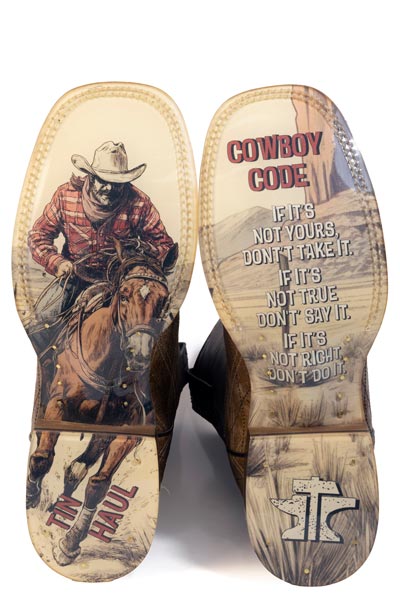Men's Tin Haul Criss-Crossed Boots with Cowboy Code Sole Handcrafted Square Toe Brown