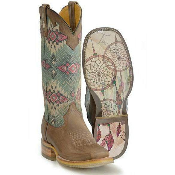 Women's Tin Haul Southwest Dreamer Boots Dream Catcher Sole Handcrafted Brown