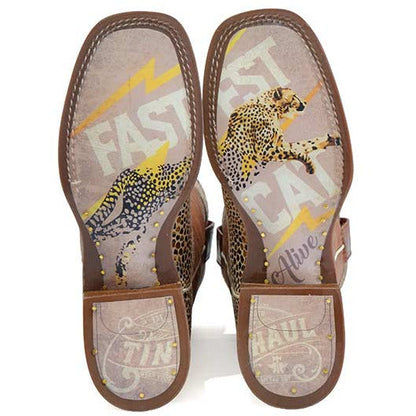 Women's Tin Haul Golden Cheetah Boots with Fastest Cat Alive Sole Handcrafted Brown - yeehawcowboy