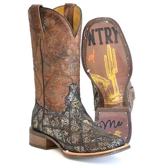 Tin Haul Damenstiefel mit Paisley-Python-Print und Country Road-Sohle, handgefertigt, Braun