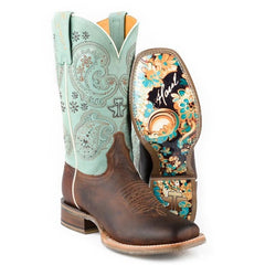 Women's Tin Haul Yee Haw Two Boots with Paisley Cow Sole Handcrafted Brown