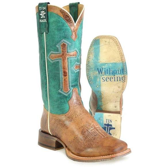 Botas con crucifijo Tin Haul para mujer con suela Blessed Are Blessed Are Those hechas a mano en color marrón