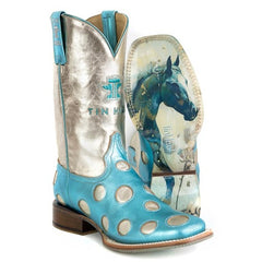 Women's Tin Haul Polka Dot Diva Boots With Petal Pony Sole Handcrafted Blue